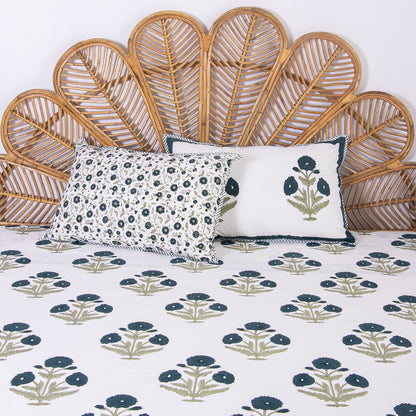 Blue Floral Revversible Hand Block Print Cotton Bedsheet