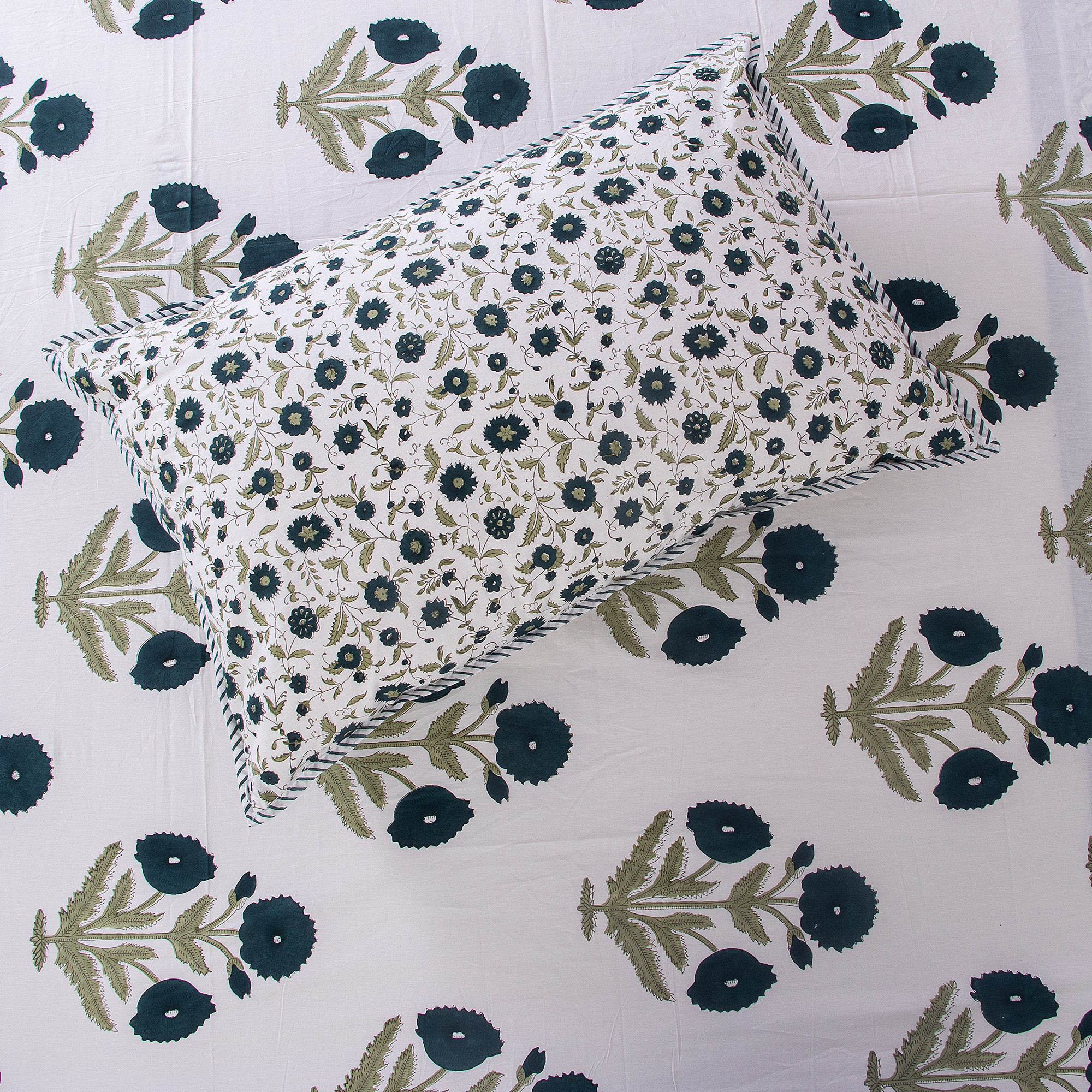 Blue Floral Revversible Hand Block Print Cotton Bedsheet