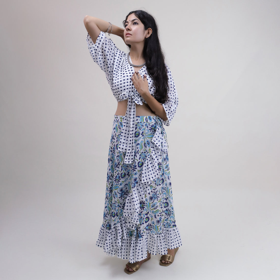 Blue Floral Stylish Cotton Midi Dress For Women&