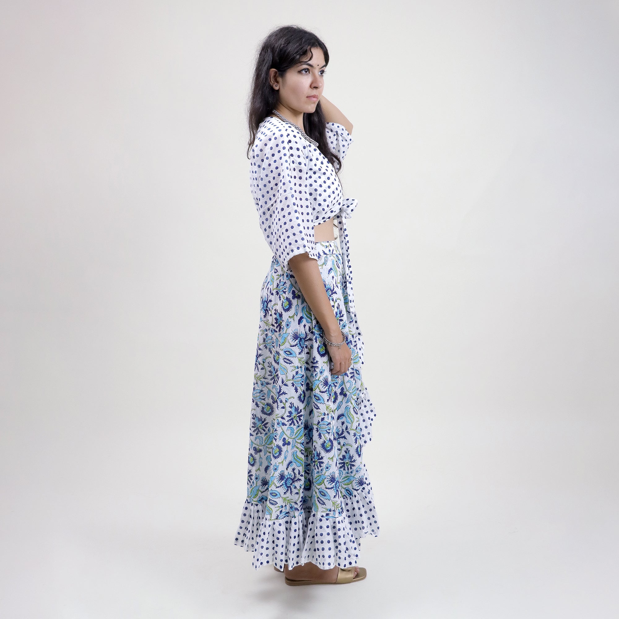 Blue Floral Stylish Cotton Midi Dress For Women&