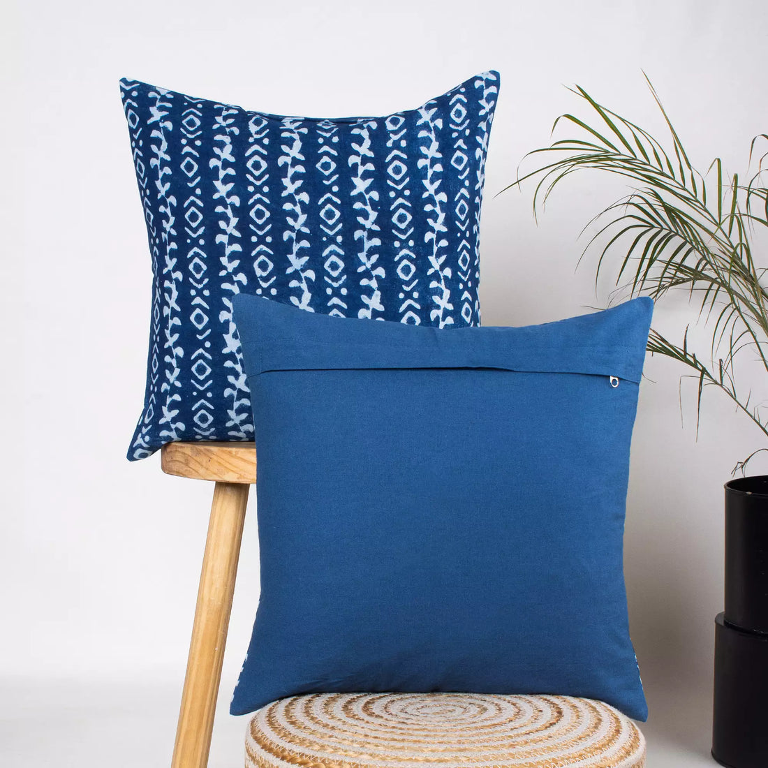 Blue Geometric Hand Block Printed Indigo Cotton Cushion Cover