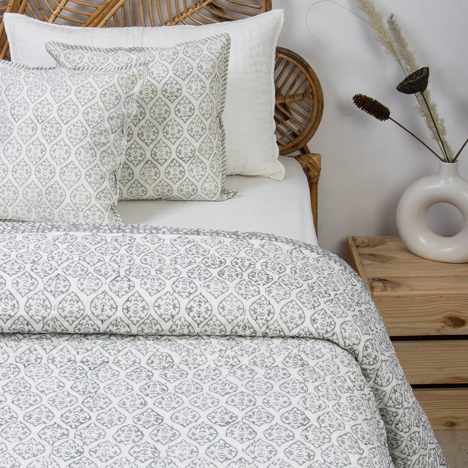 Blue Geometrical Cotton Hand Block Print Kantha Quilt Blanket