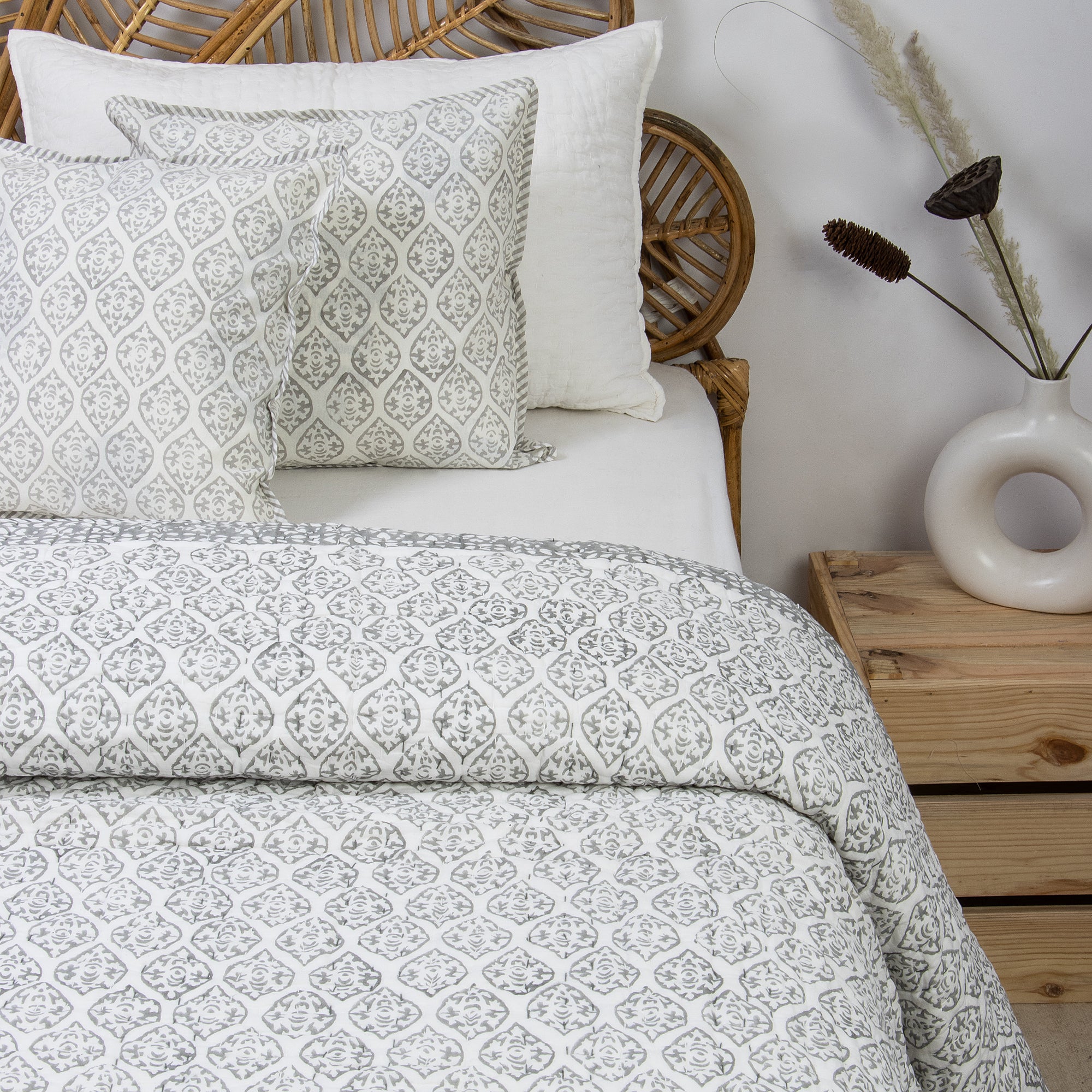Blue Geometrical Cotton Hand Block Print Kantha Quilt Blanket
