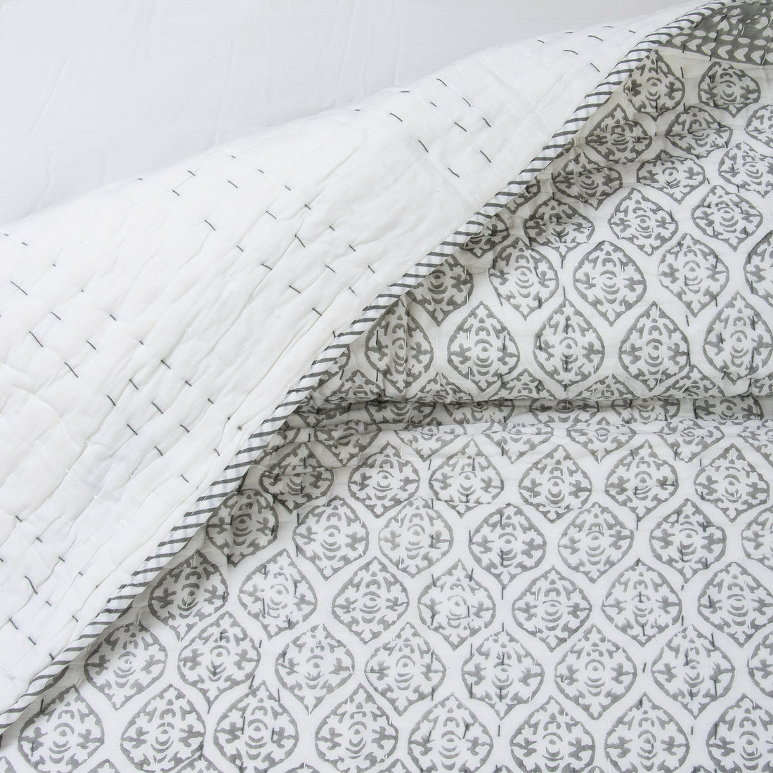 Blue Geometrical Cotton Hand Block Print Kantha Quilt Blanket