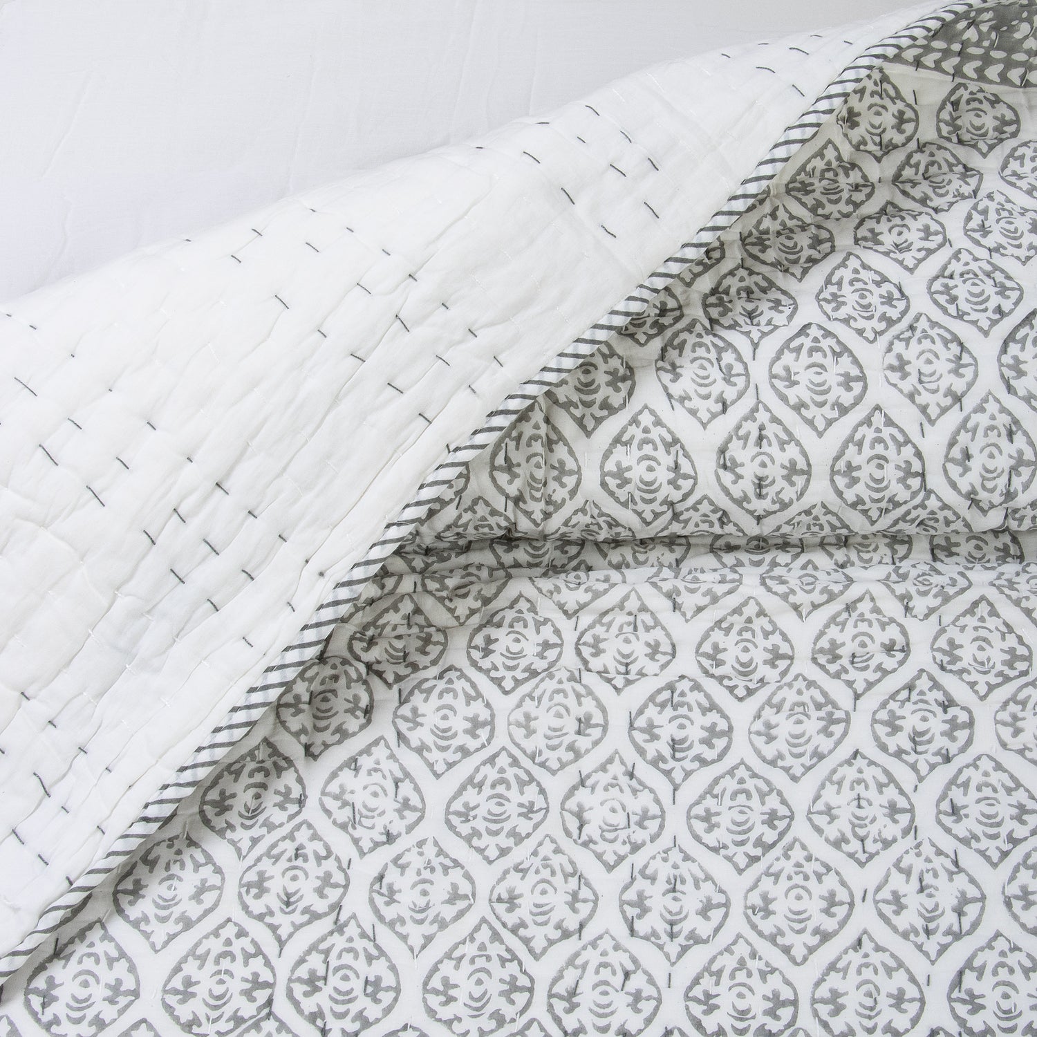Blue Geometrical Cotton Hand Block Print Kantha Quilt Blanket
