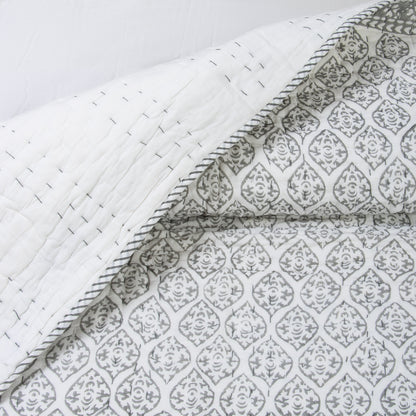 Blue Geometrical Cotton Hand Block Print Kantha Quilt Blanket