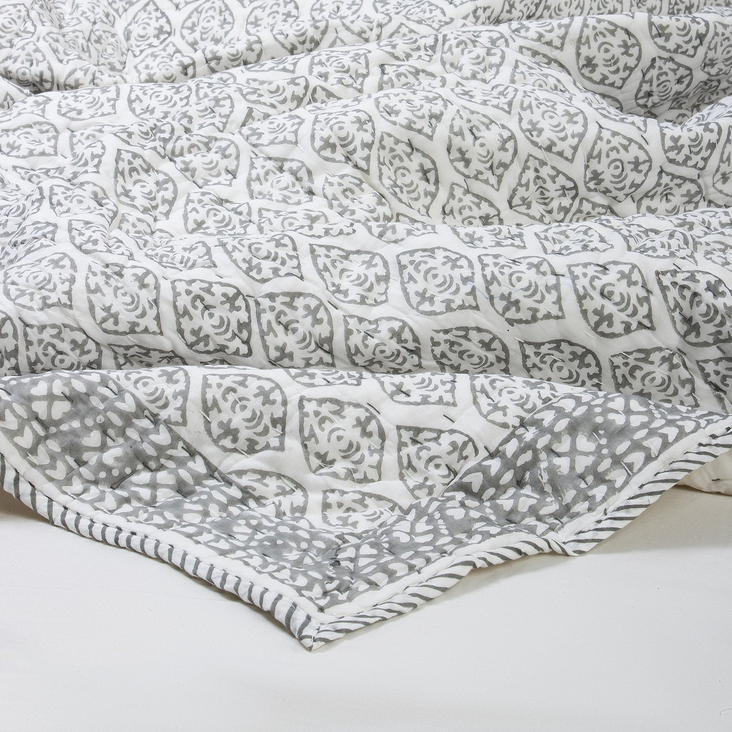 Blue Geometrical Cotton Hand Block Print Kantha Quilt Blanket