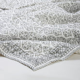 Blue Geometrical Cotton Hand Block Print Kantha Quilt Blanket