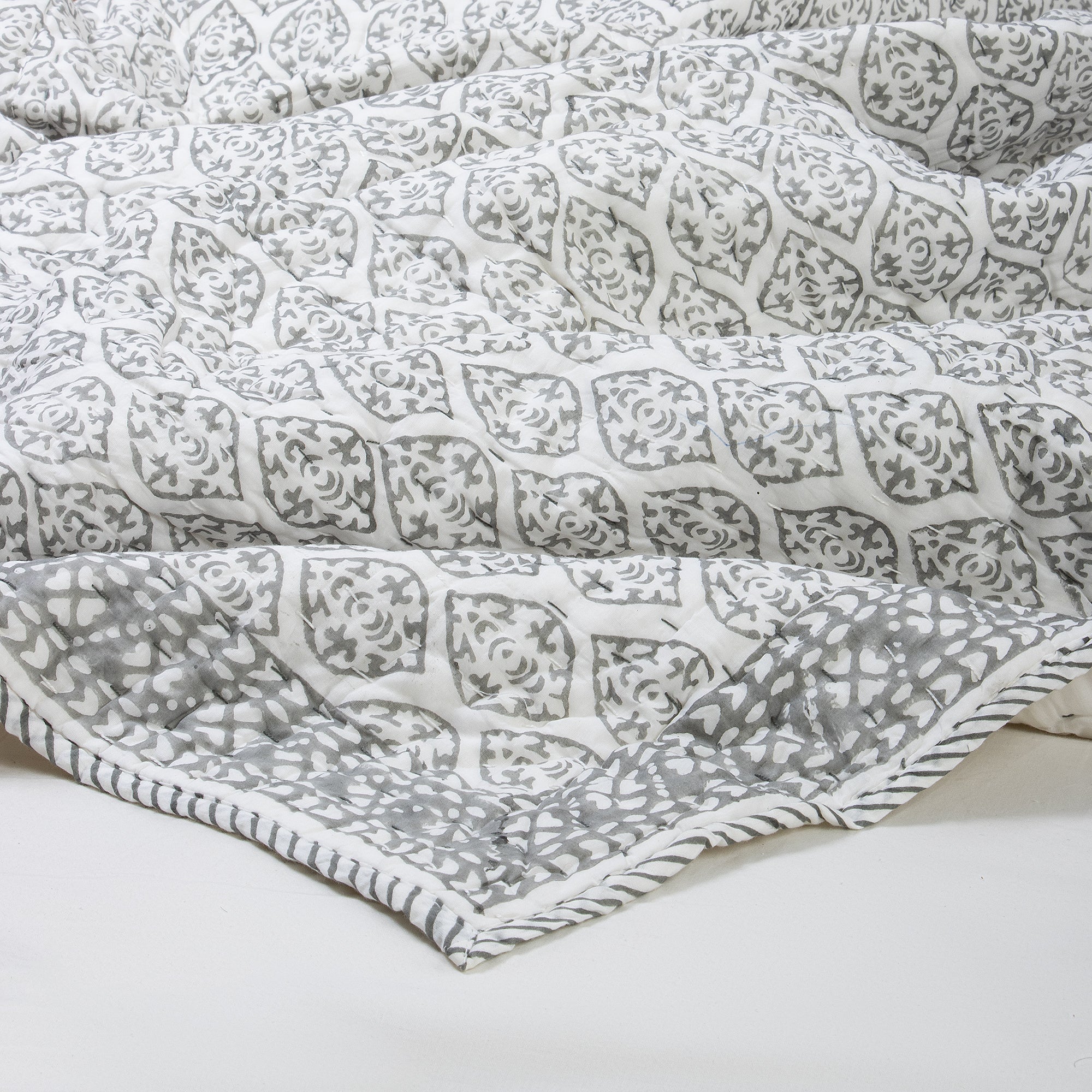 Blue Geometrical Cotton Hand Block Print Kantha Quilt Blanket