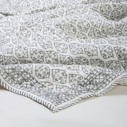 Blue Geometrical Cotton Hand Block Print Kantha Quilt Blanket