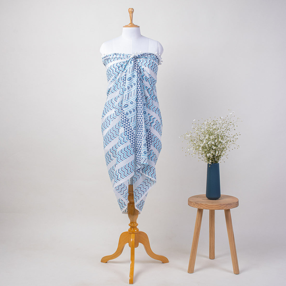 Blue Hand Block Print Beach Sarong Wrap For Women