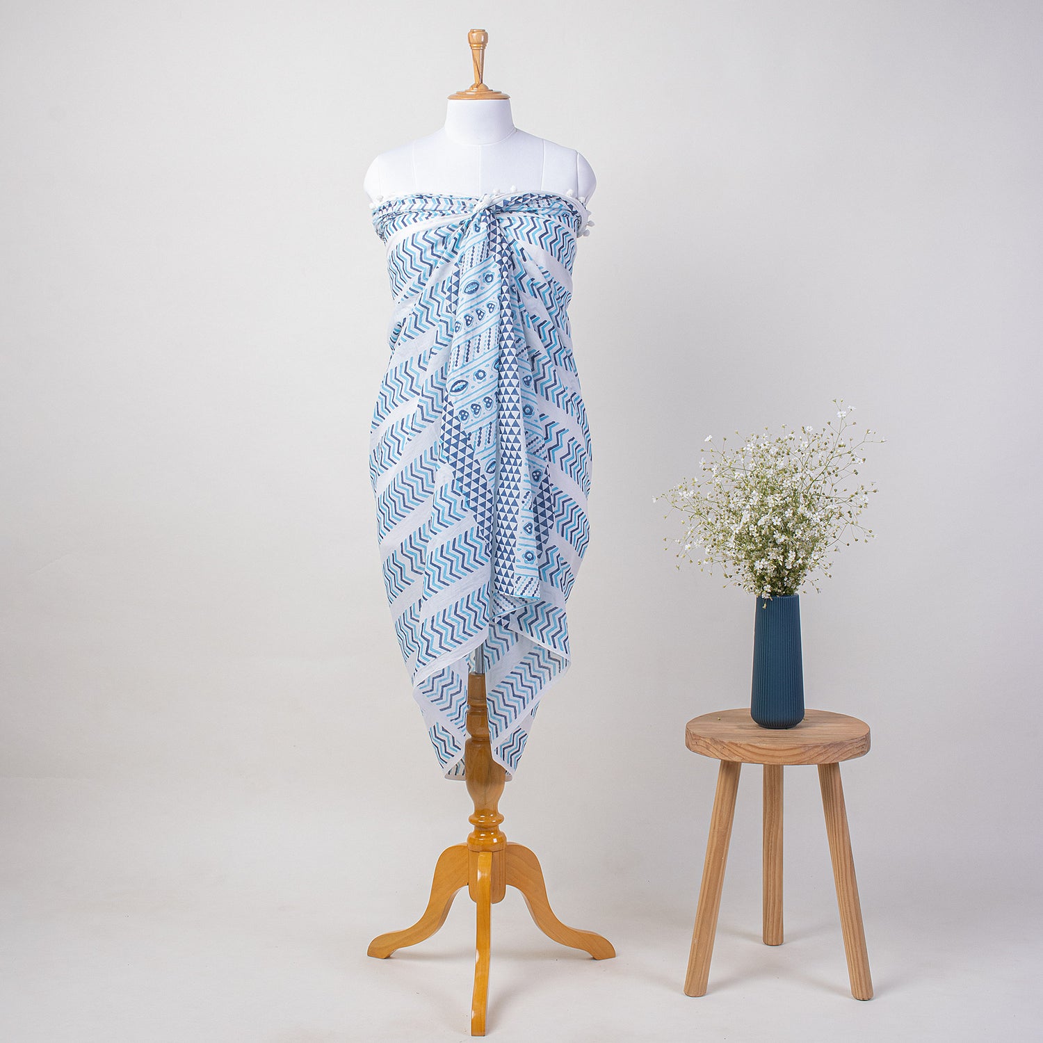 Blue Hand Block Print Beach Sarong Wrap For Women