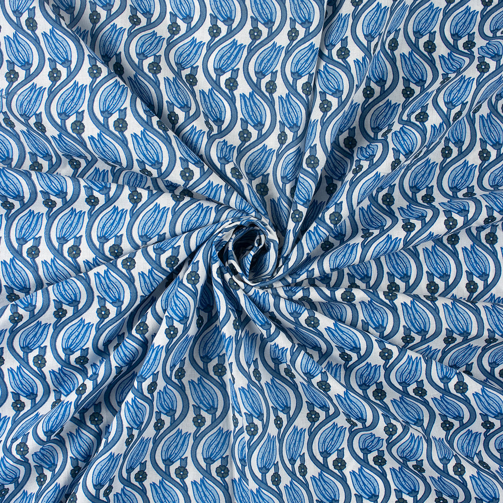 Blue Leaf Hand Block Printed Cotton Fabric