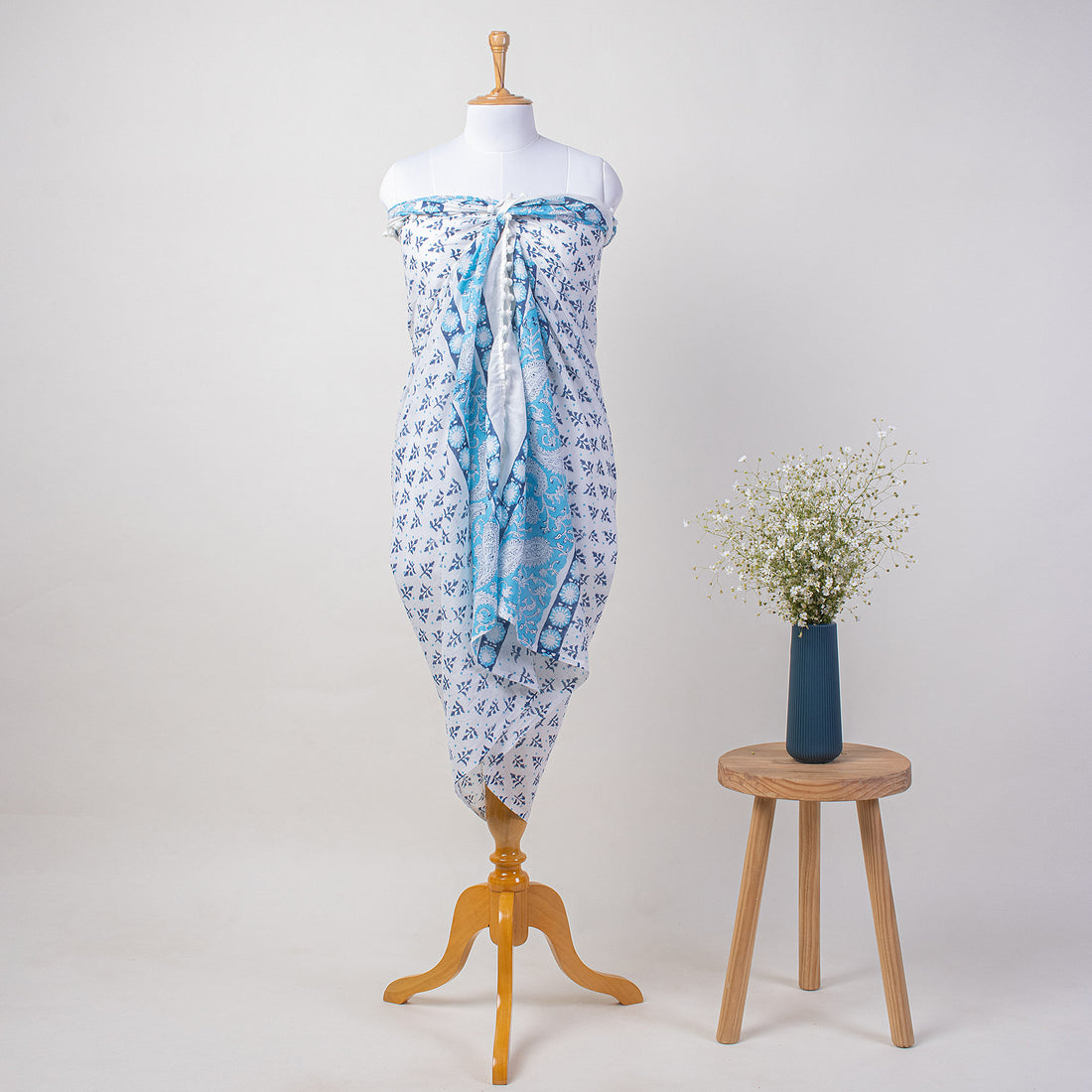 Blue Leaf Indian Hand Block Print Sarong For Women