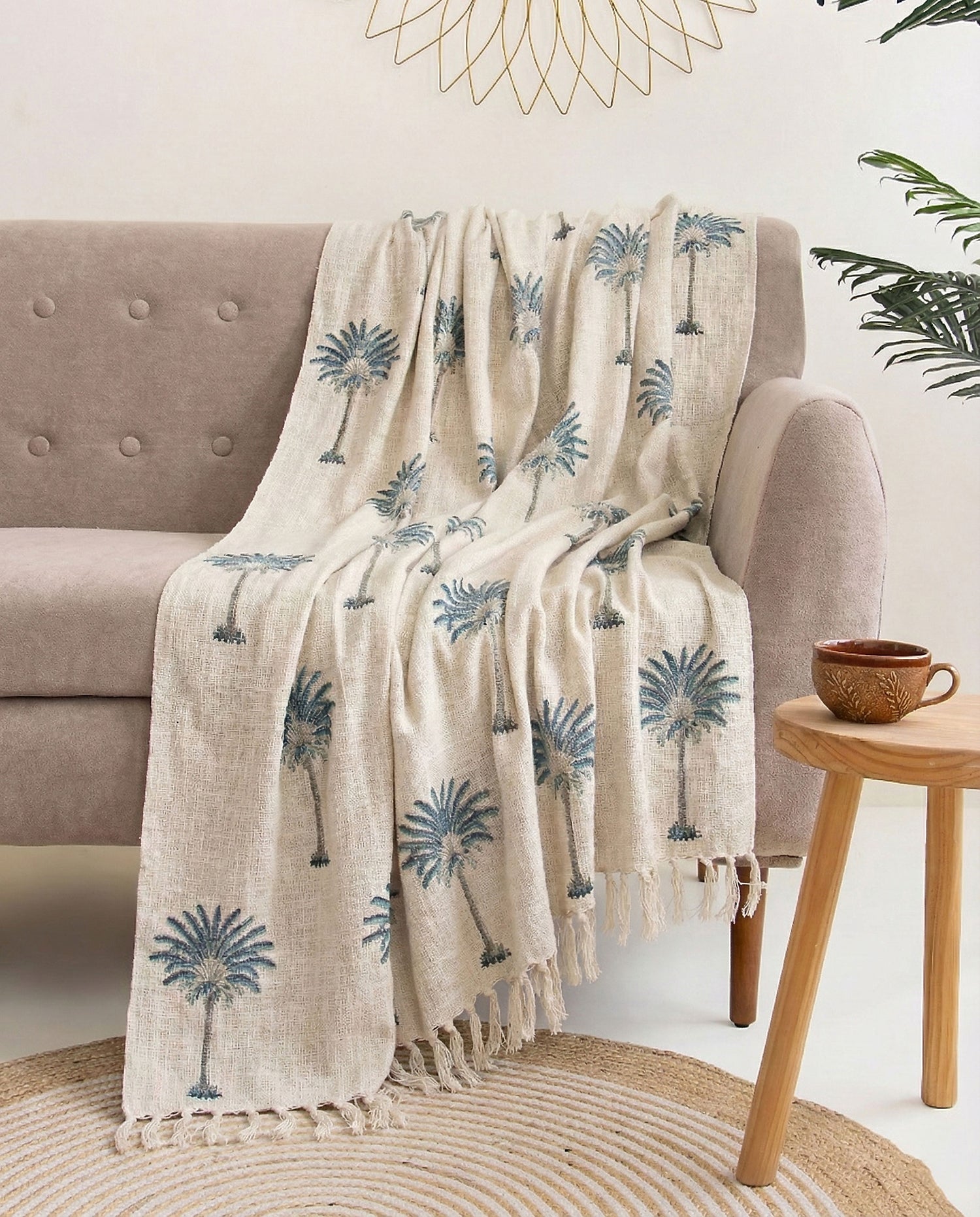 Blue Palm Block Print Throw Blanket 100% Cotton in India