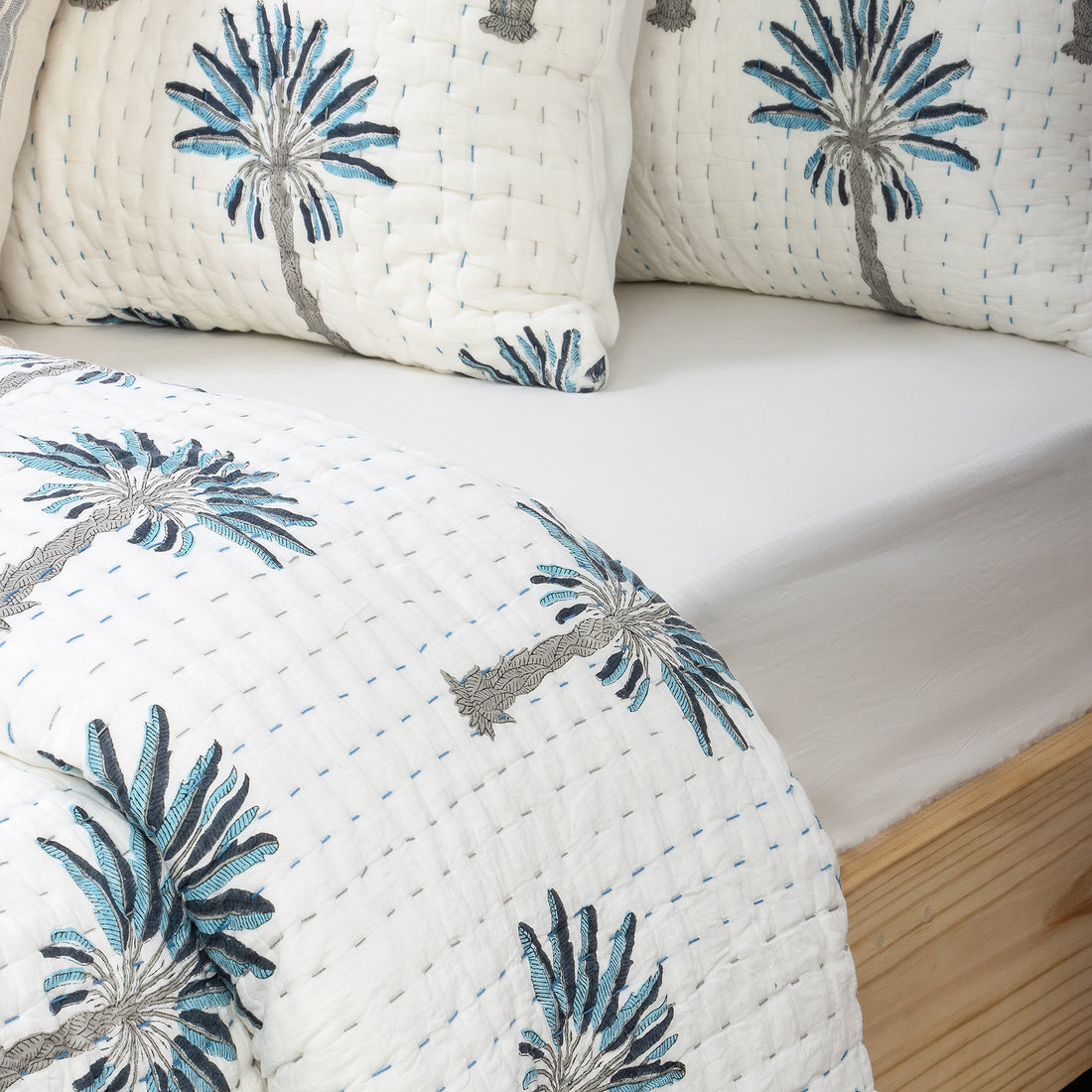 Blue Palm Tree Hand Block Print Cotton Kantha Quilt Blanket