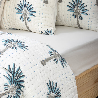 Blue Palm Tree Hand Block Print Cotton Kantha Quilt Blanket
