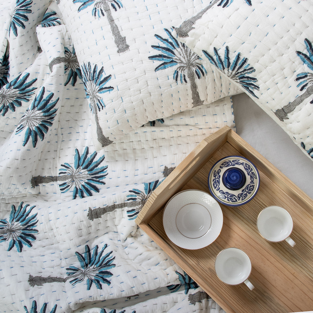 Blue Palm Tree Hand Block Print Cotton Kantha Quilt Blanket