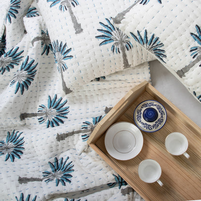 Blue Palm Tree Hand Block Print Cotton Kantha Quilt Blanket