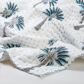 Blue Palm Tree Hand Block Print Cotton Kantha Quilt Blanket