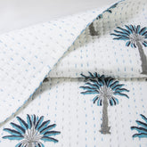 Blue Palm Tree Hand Block Print Cotton Kantha Quilt Blanket