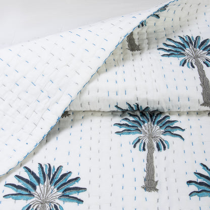 Blue Palm Tree Hand Block Print Cotton Kantha Quilt Blanket