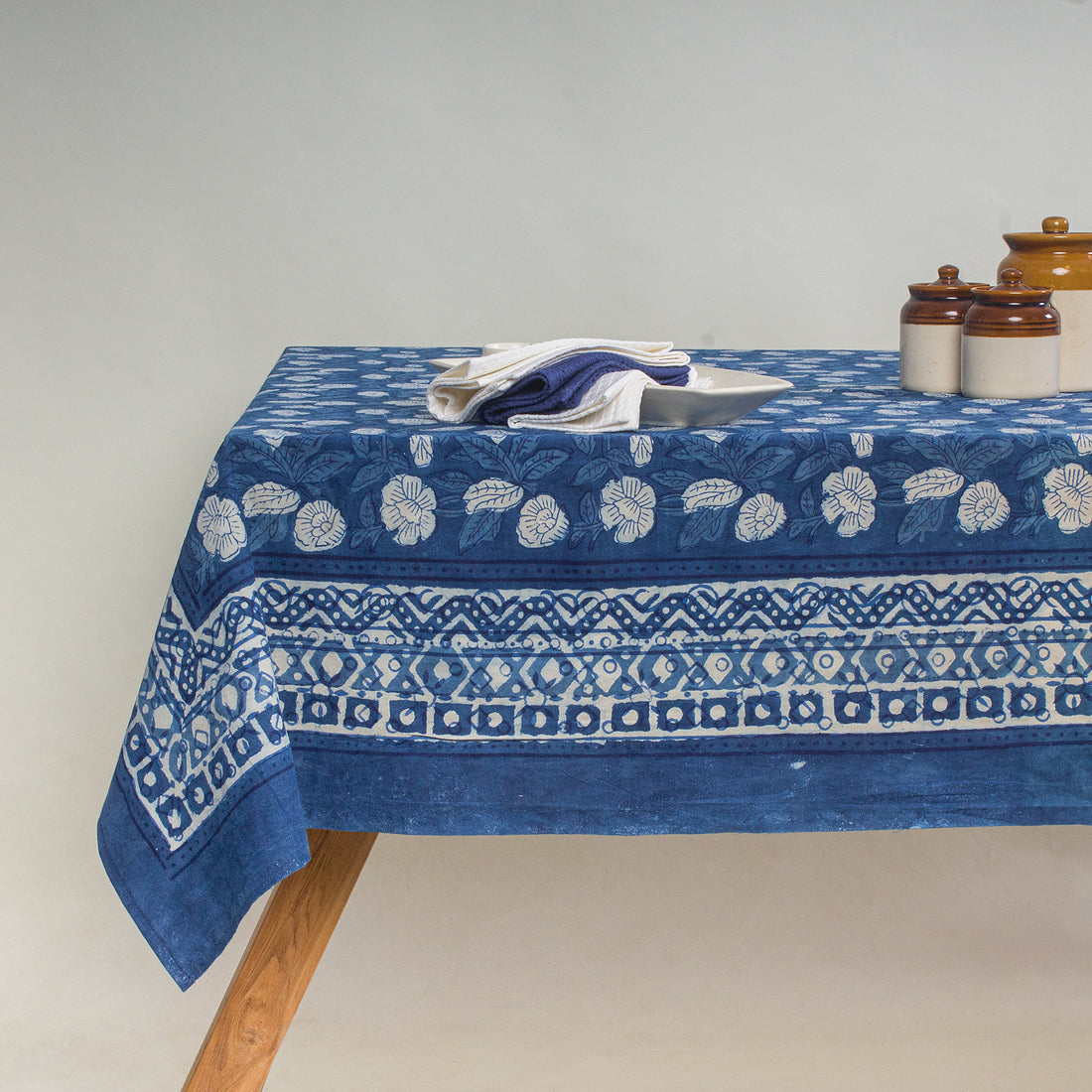 Blue Pure Cotton Hanad Block Printed Table Cover