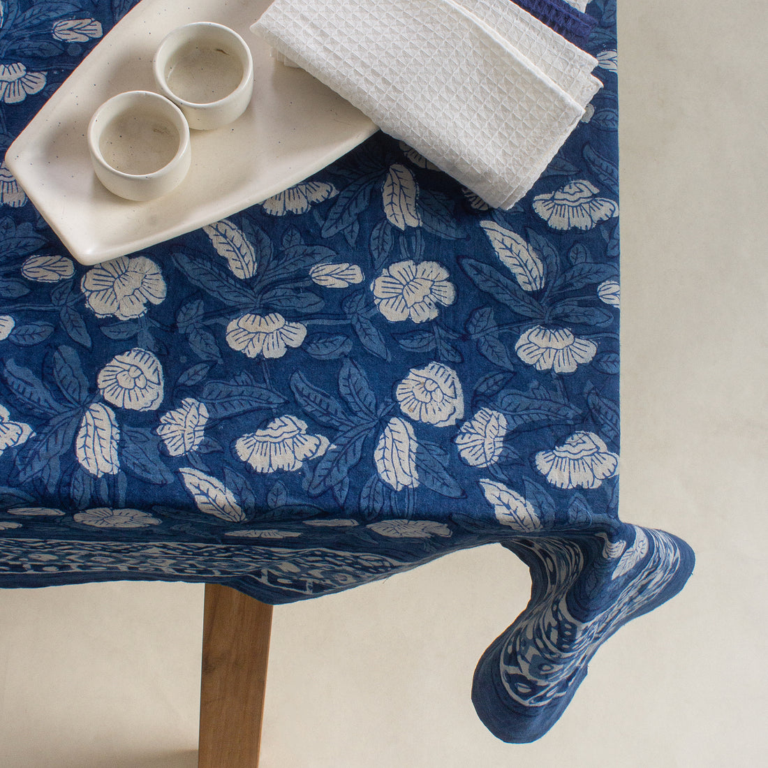 Blue Pure Cotton Hanad Block Printed Table Cover