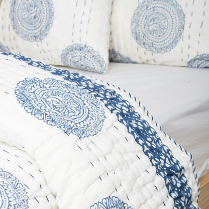 Blue Rangoli Hand Block Print Cotton Kantha Quilt Blanket