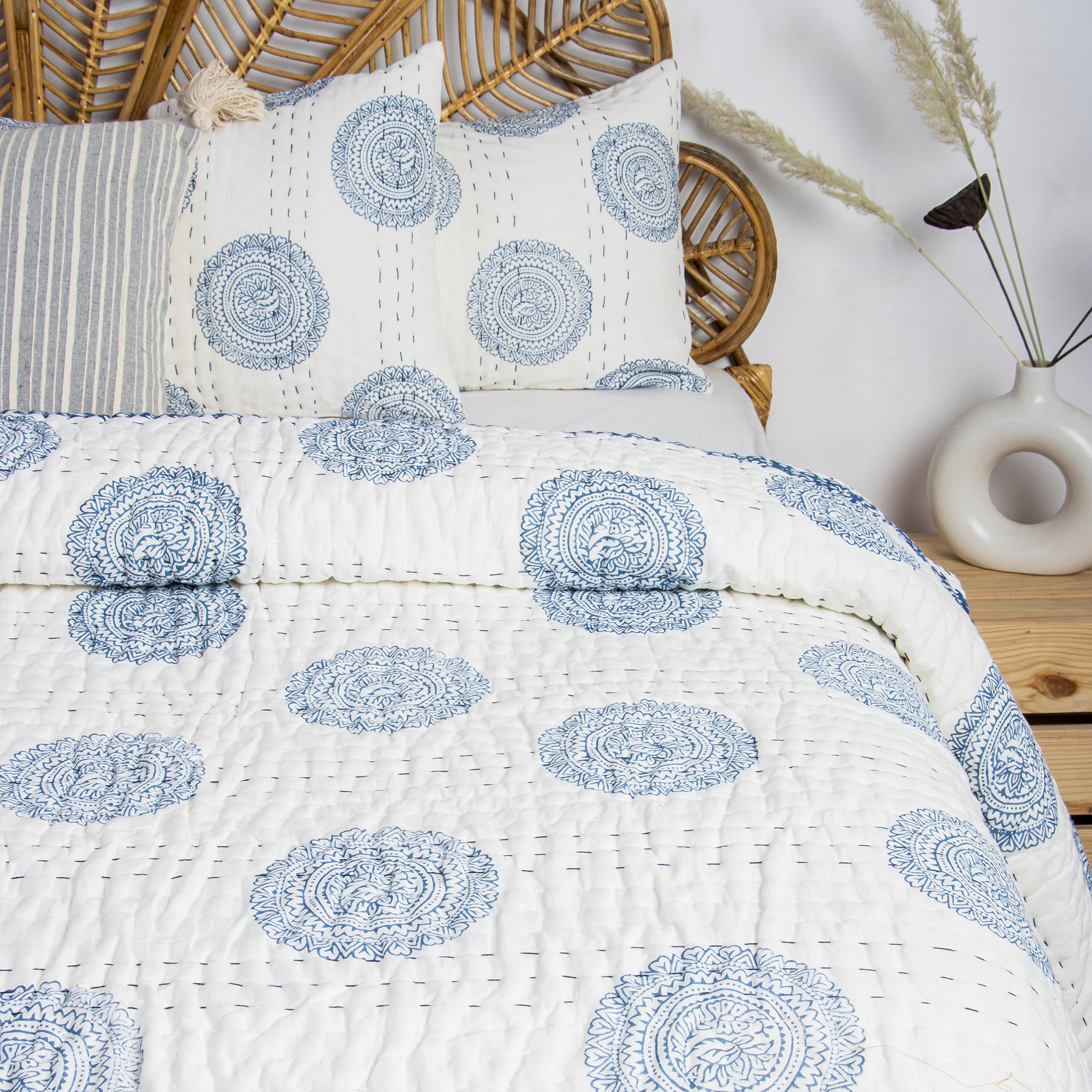 Blue Rangoli Hand Block Print Cotton Kantha Quilt Blanket