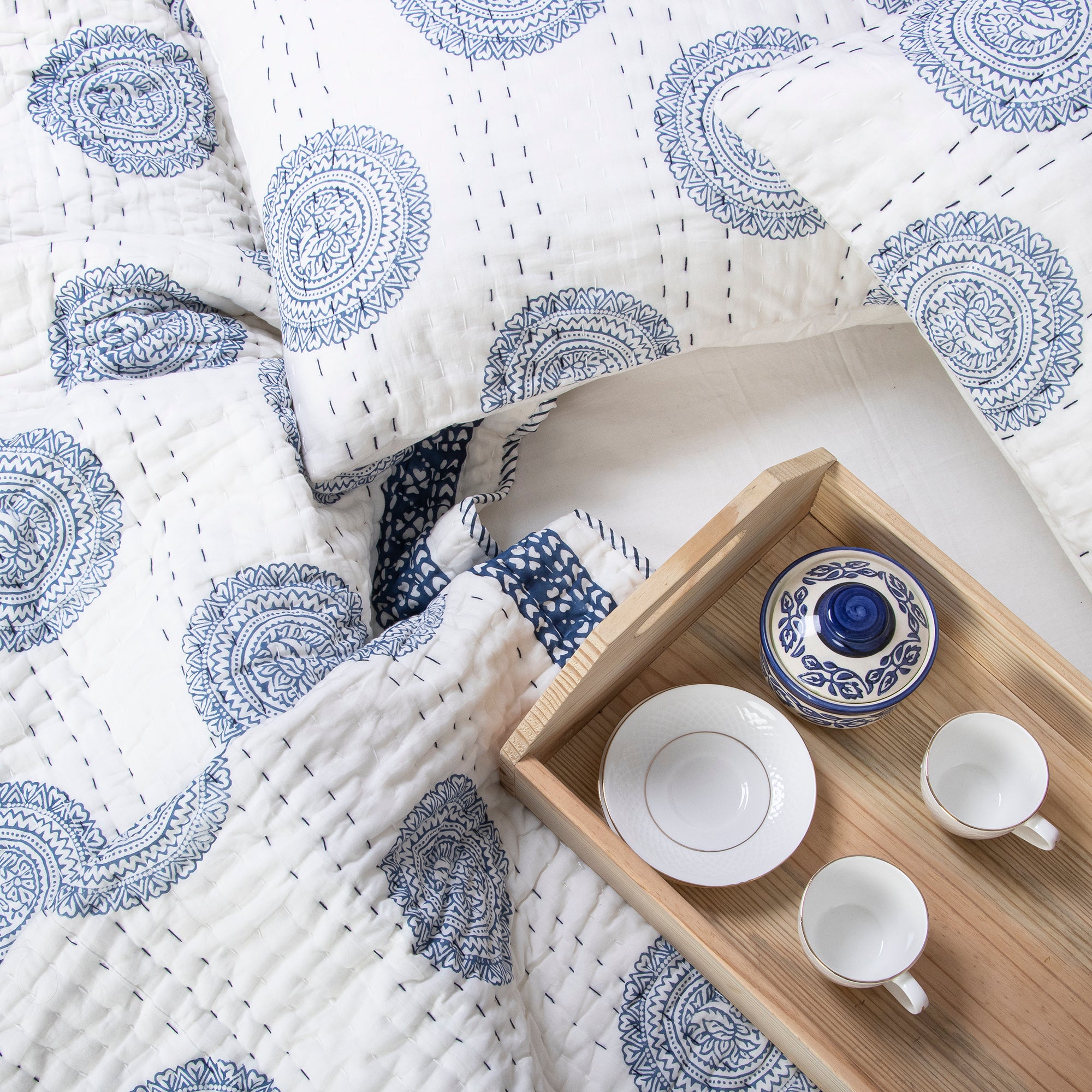 Blue Rangoli Hand Block Print Cotton Kantha Quilt Blanket