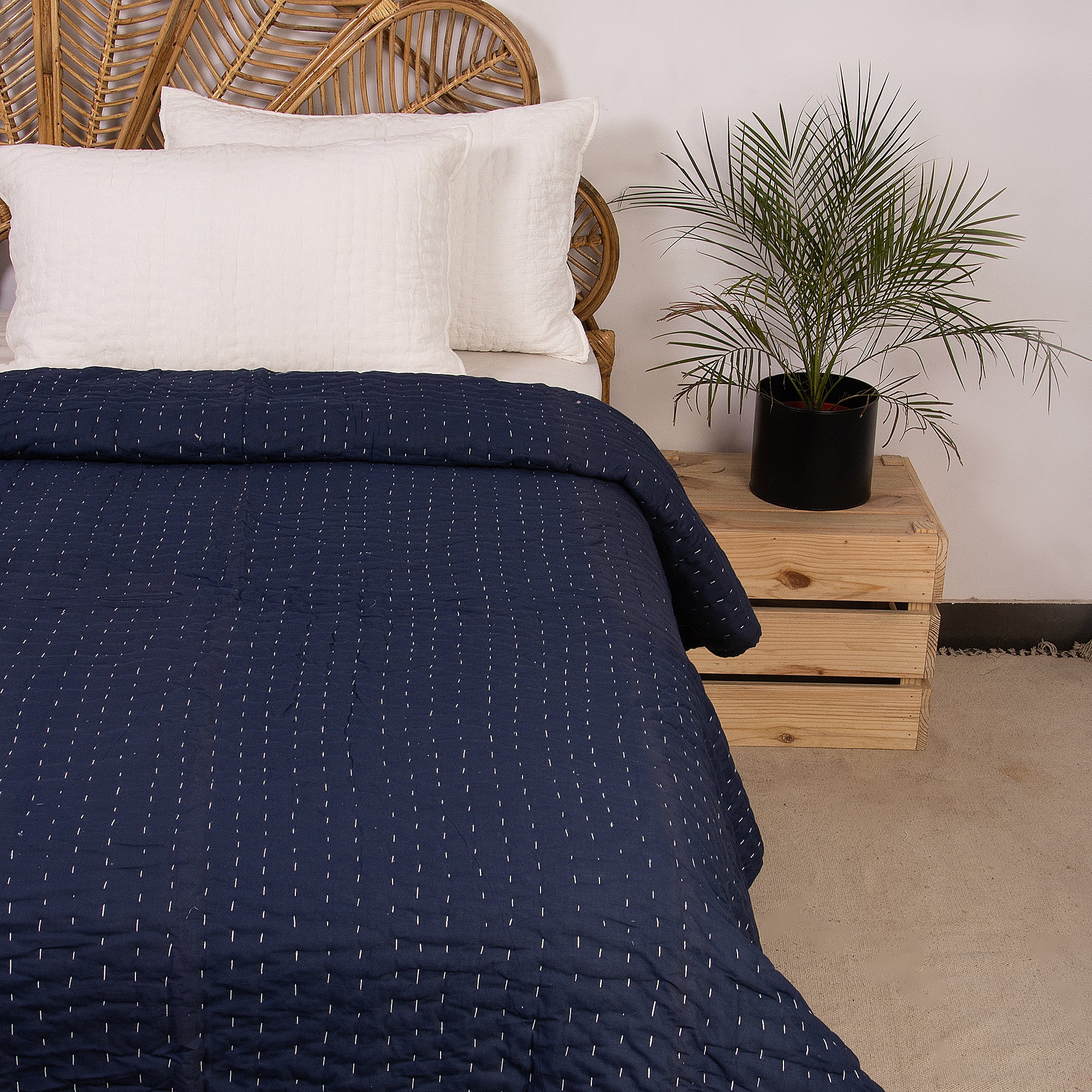 Blue Stitched Cotton Indian Kantha Quilt Blanket