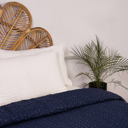 Blue Stitched Cotton Indian Kantha Quilt Blanket