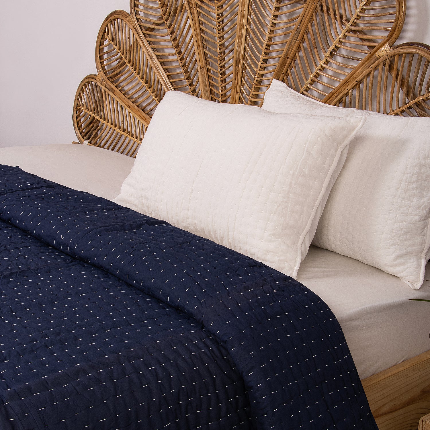 Blue Stitched Cotton Indian Kantha Quilt Blanket