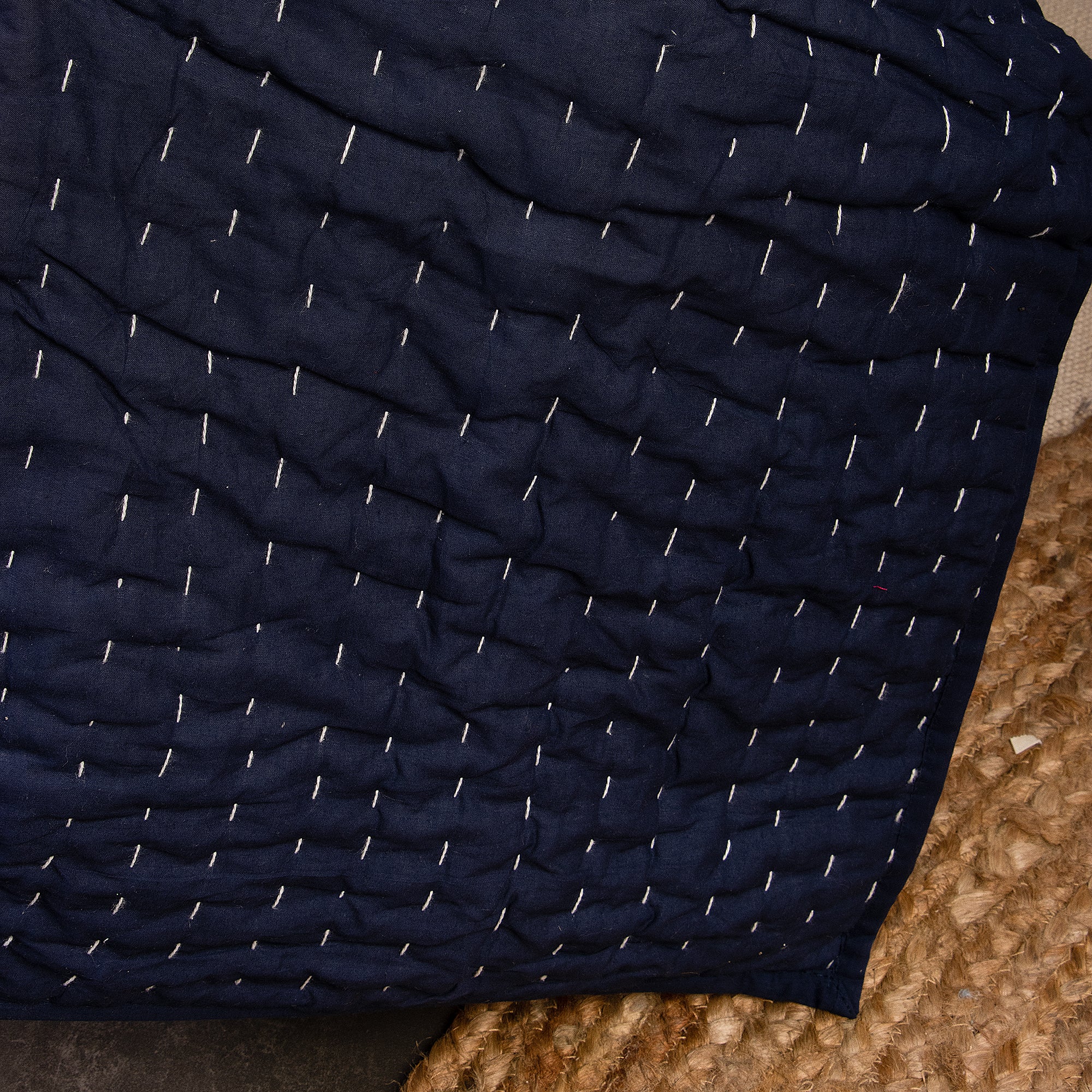 Blue Stitched Cotton Indian Kantha Quilt Blanket