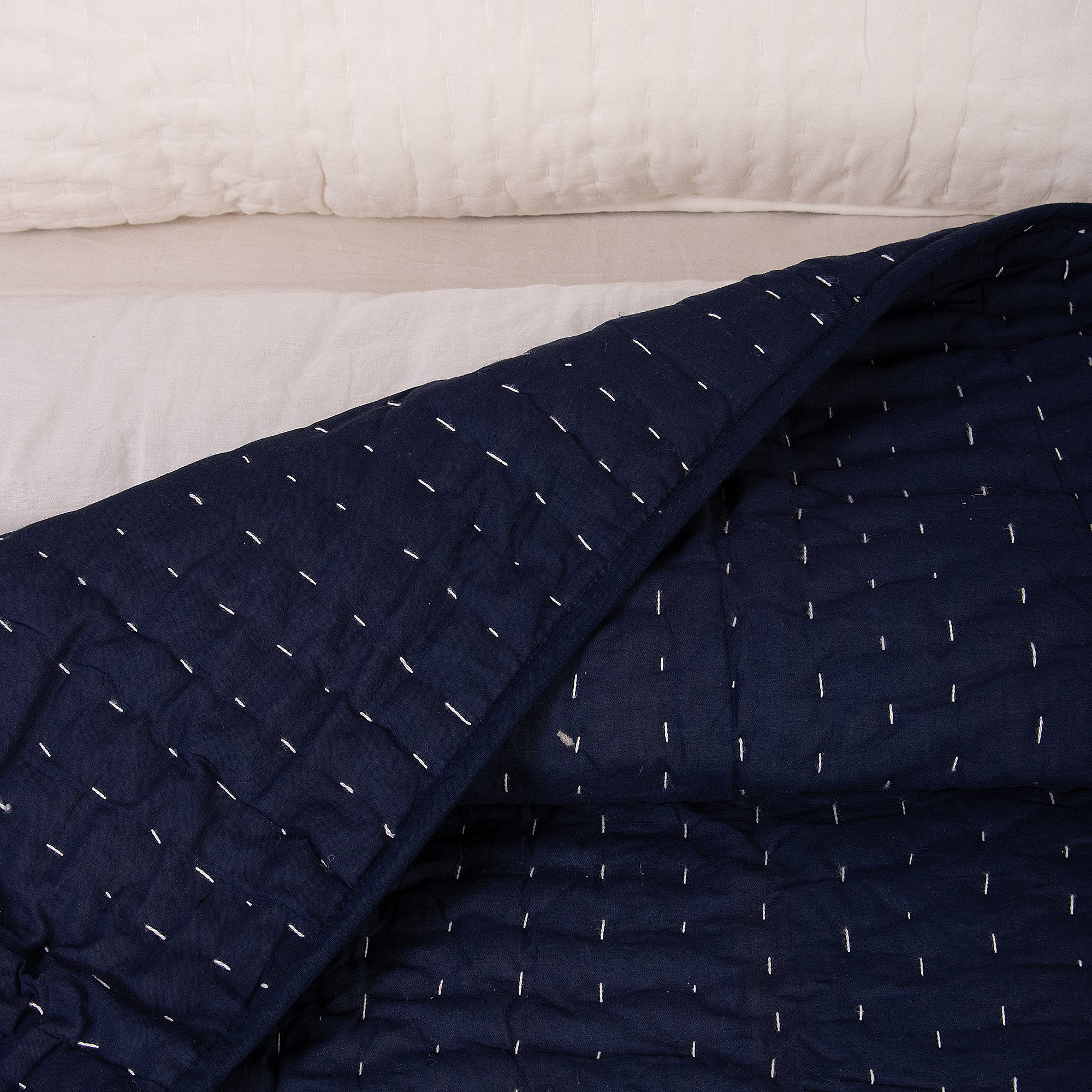 Blue Stitched Cotton Indian Kantha Quilt Blanket