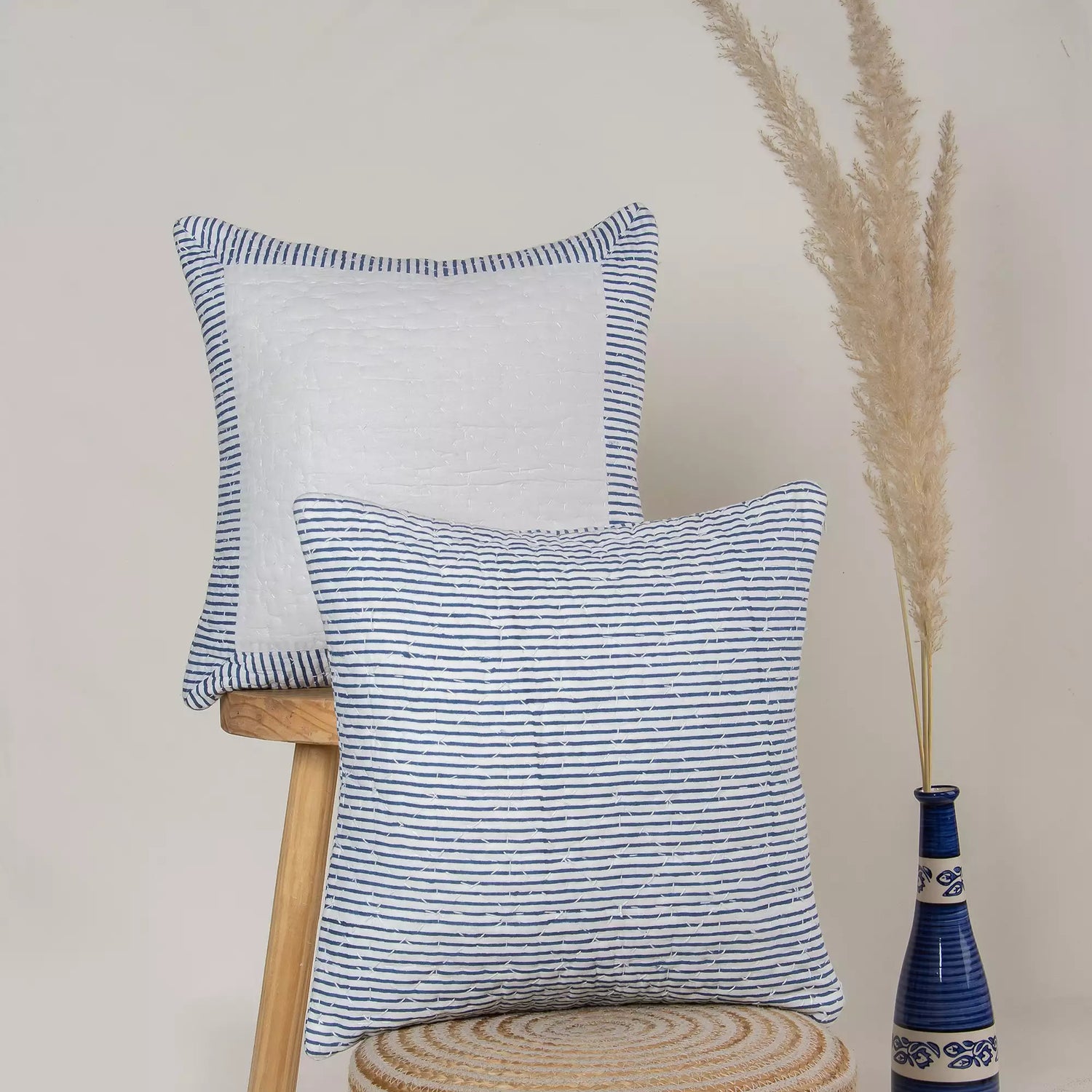 Blue Stripe Kantha Stitched Cotton Cushion Cover