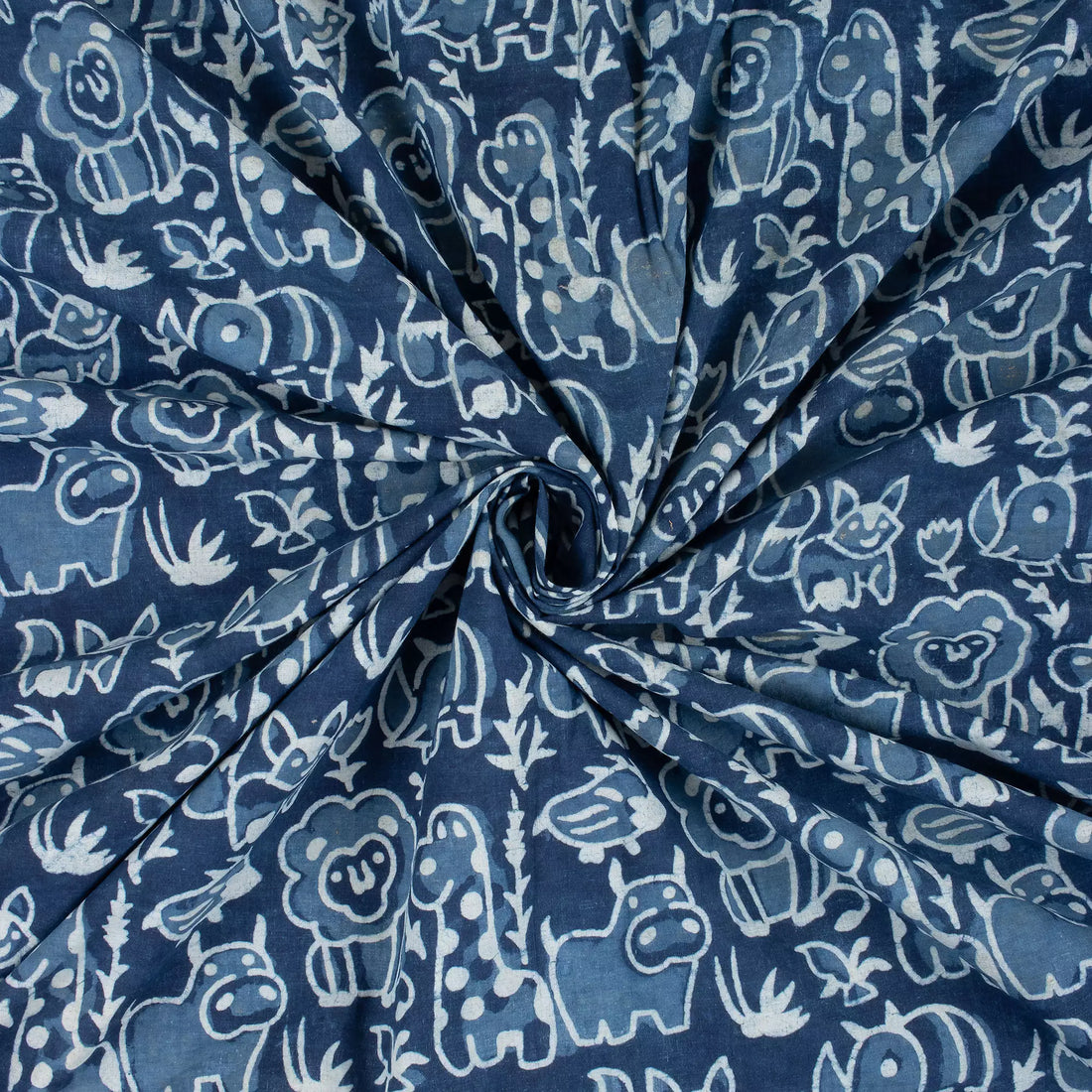 Blue Wildlife Pattern Pure Cotton Indigo Fabric