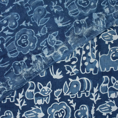 Blue Wildlife Pattern Pure Cotton Indigo Fabric