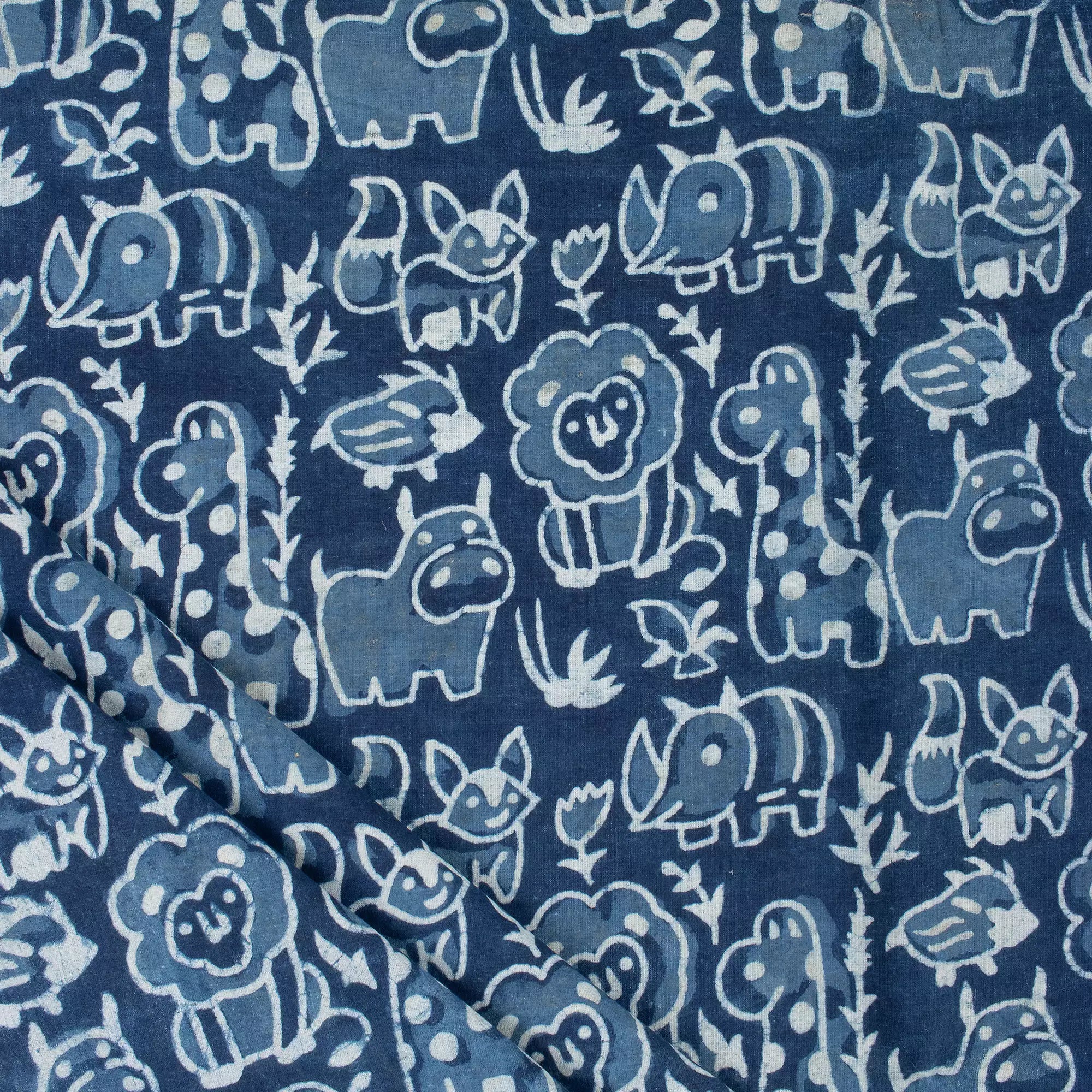 Blue Wildlife Pattern Pure Cotton Indigo Fabric