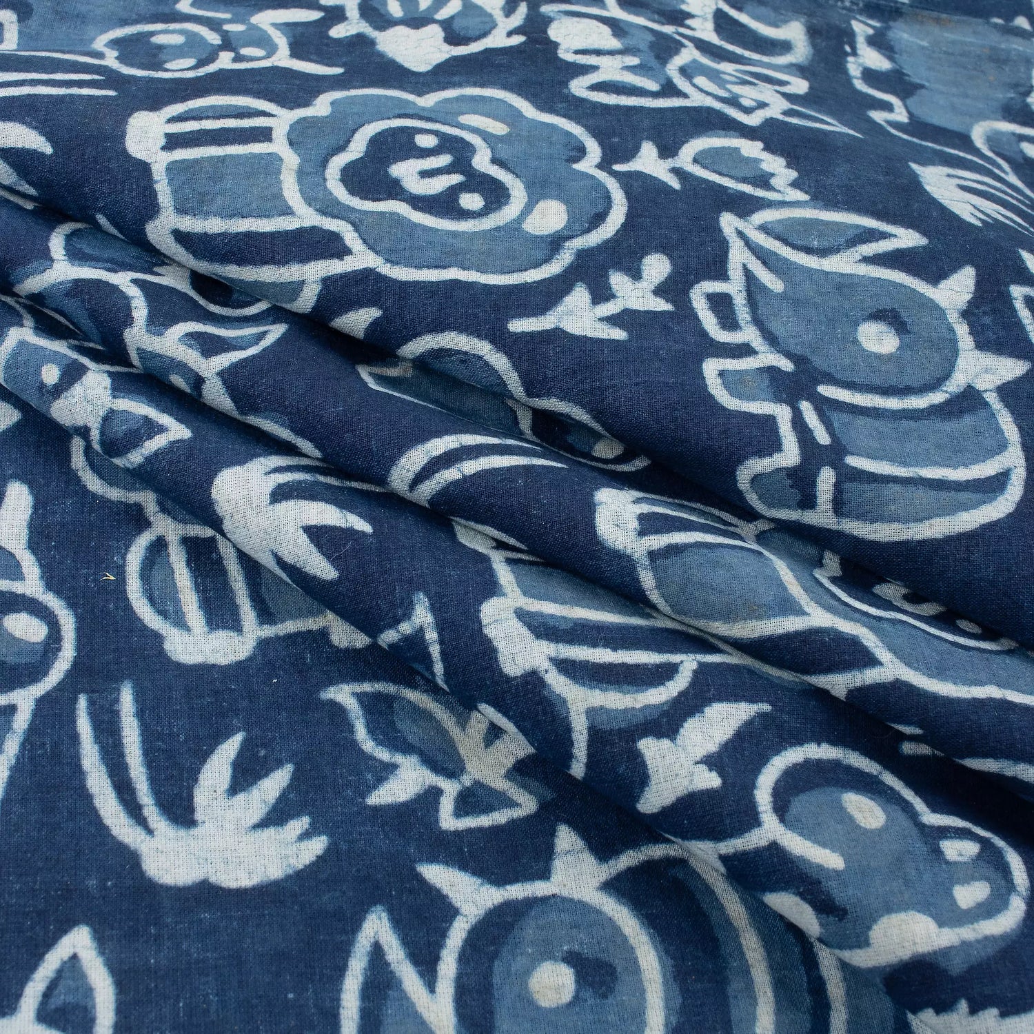 Blue Wildlife Pattern Pure Cotton Indigo Fabric
