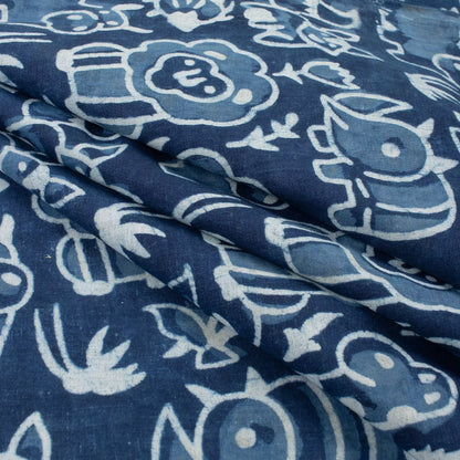Blue Wildlife Pattern Pure Cotton Indigo Fabric