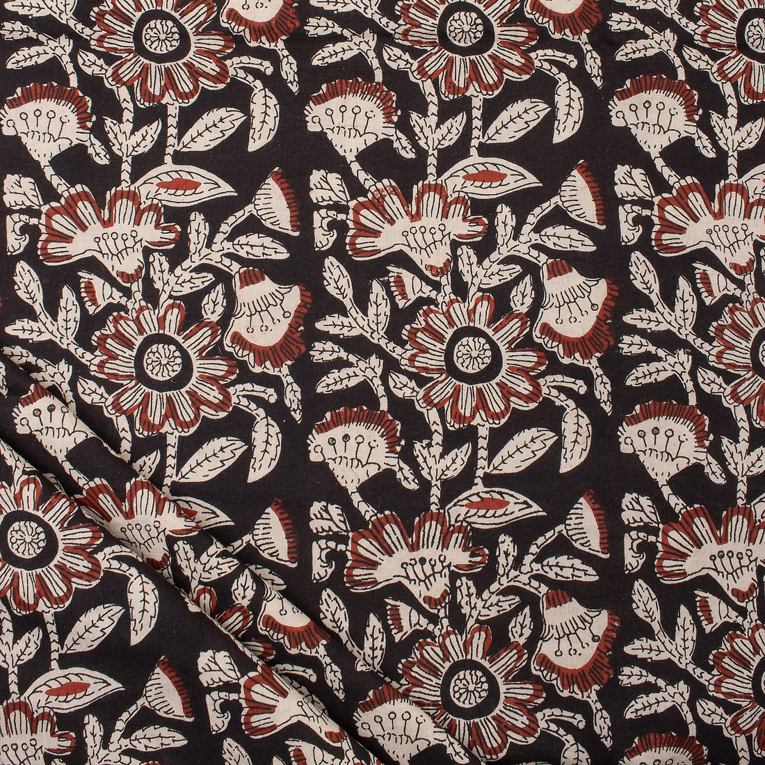 Brown Floral Hand Printed Bagru Fabric
