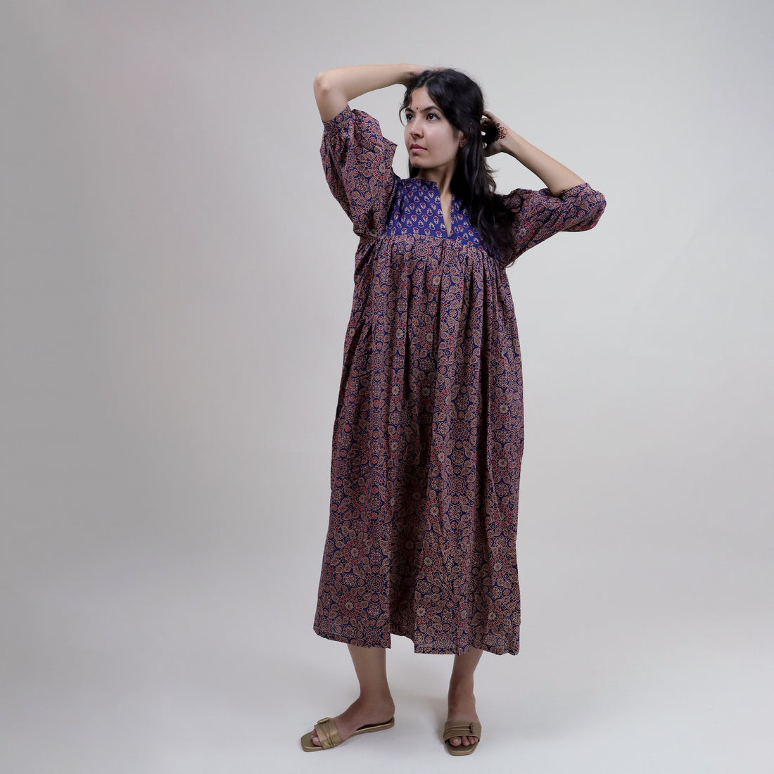 Brown Floral Handmade Cotton Dress for Women&