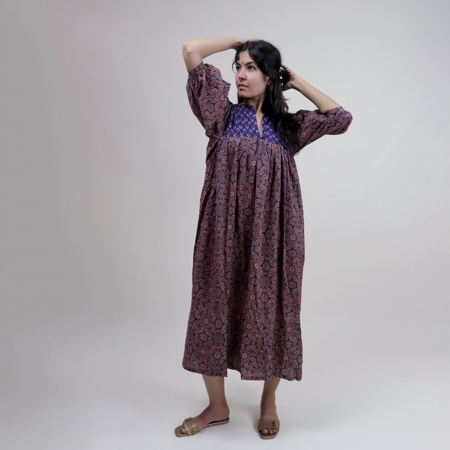 Brown Floral Handmade Cotton Dress for Women&