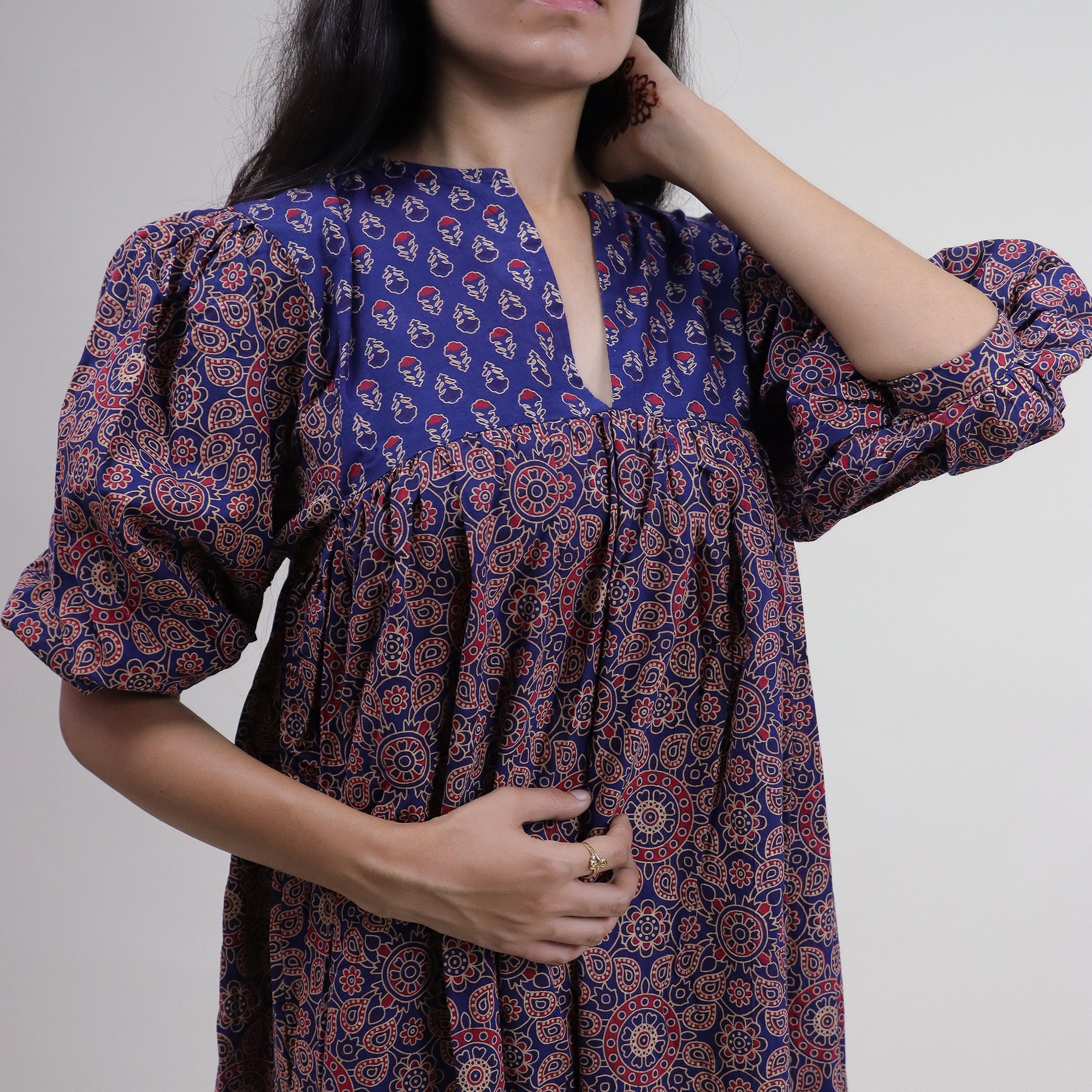 Brown Floral Handmade Cotton Dress for Women&