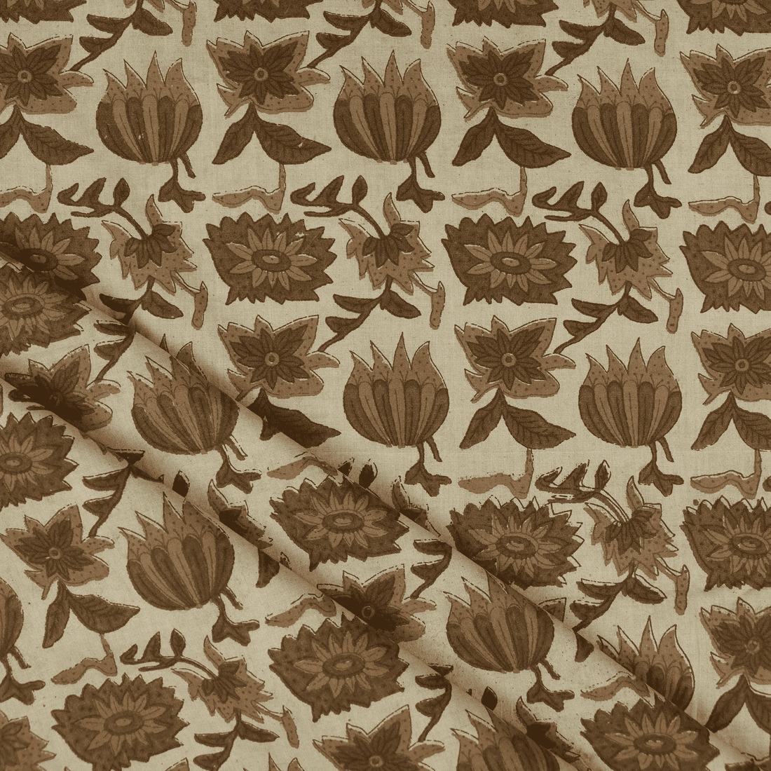 Brown Floral Pure Cotton Hand Block Printed Fabric