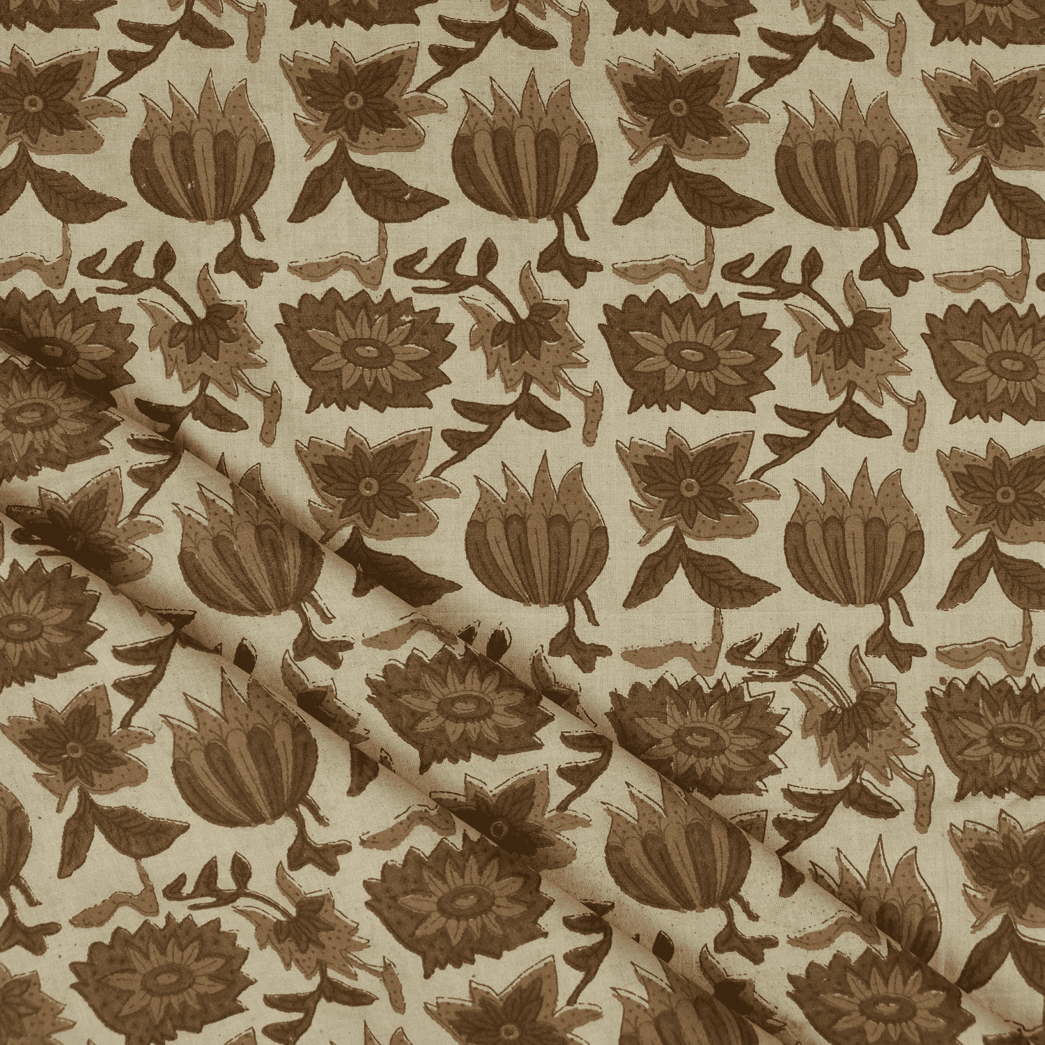 Brown Floral Pure Cotton Hand Block Printed Fabric