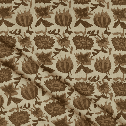 Brown Floral Pure Cotton Hand Block Printed Fabric