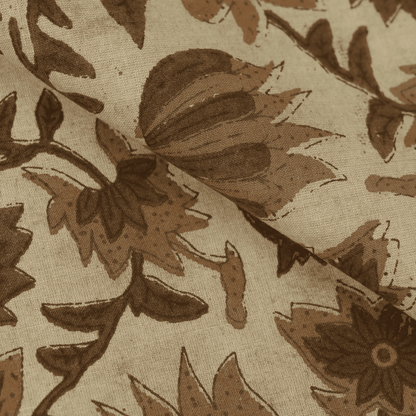 Brown Floral Pure Cotton Hand Block Printed Fabric